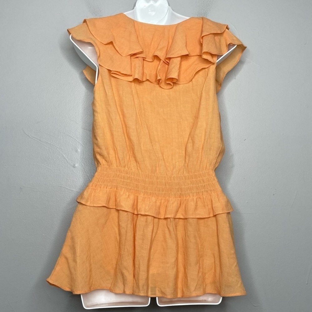 DO+BE Orange Ruffle Top Size Small Shirred Vneck Feminine Summer Colorful Bright - Picture 5 of 7